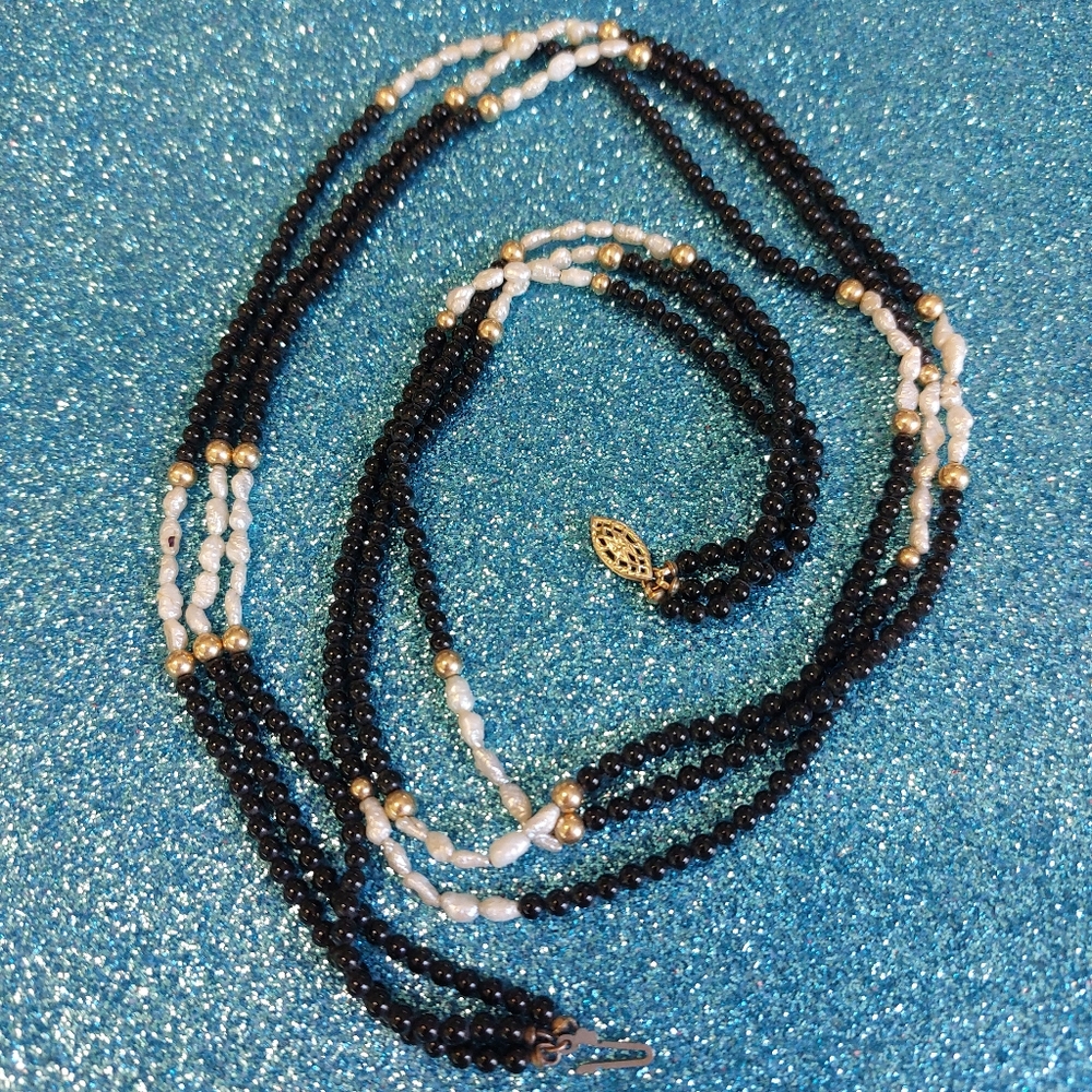 Vintage Rice Pearl and Black Bead Necklace Handmade